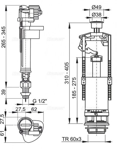 Выпускной комплект со стоп кнопкой Alca Plast (SA2000SK 1/2