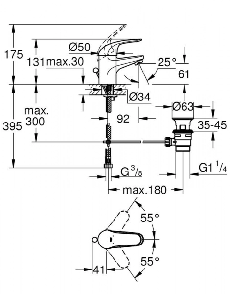 Смеситель для раковины GROHE Euroeco с донным клапаном, хром (23262000)