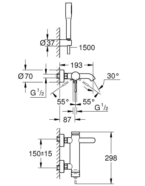 Смеситель для ванны с душевым гарнитуром Grohe Essence+ Хром (33628001)