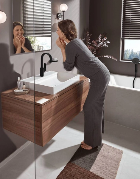 Смеситель для раковины Hansgrohe Vivenis, однорычажный, 210 с поворотным изливом, со сливным гарнитуром, матовый черный (75030670)