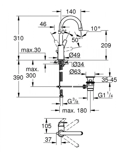 Смеситель для раковины GROHE BauFlow с донным клапаном, L-Size, хром (23753000)