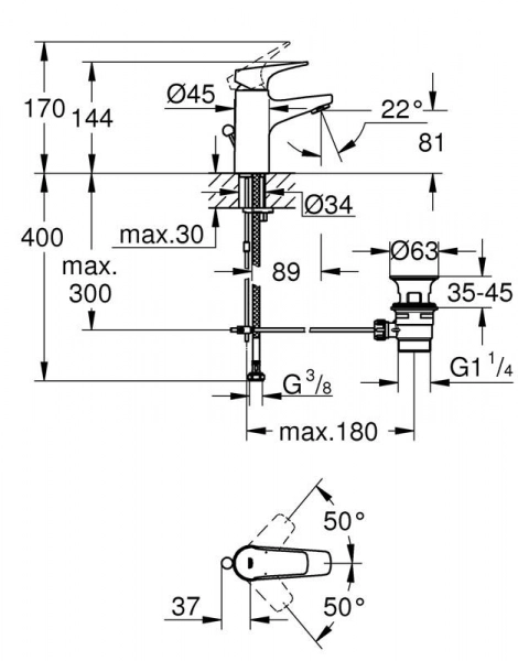 Смеситель для раковины GROHE BauFlow с донным клапаном, S-Size, хром (23751000)