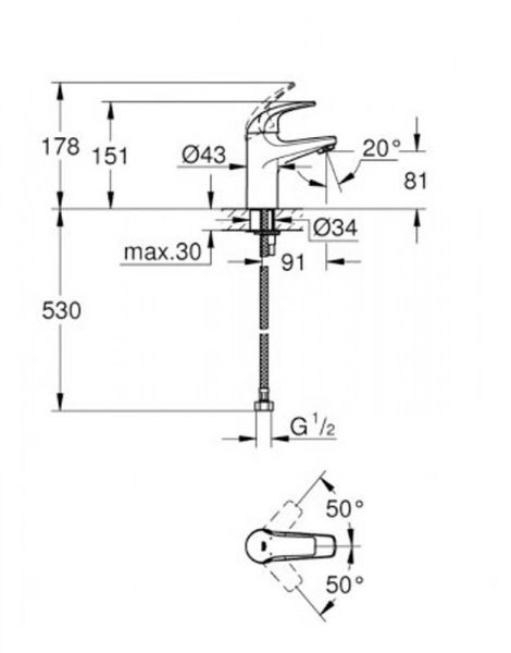 Смеситель для раковины Grohe BauCurve без донного клапана (32848000)