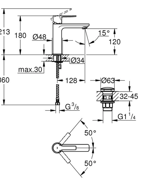 Смеситель для раковины GROHE Lineare New с донным клапаном, S-Size, хром (23106001)