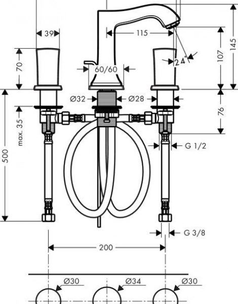 Смеситель для раковины Hansgrohe Metropol Classic, двухвентильный, хром (31304000)