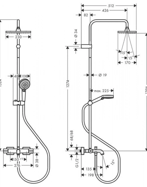 Душевая колонна Hansgrohe Vernis Shape с термостатом для ванны, хром 26284000