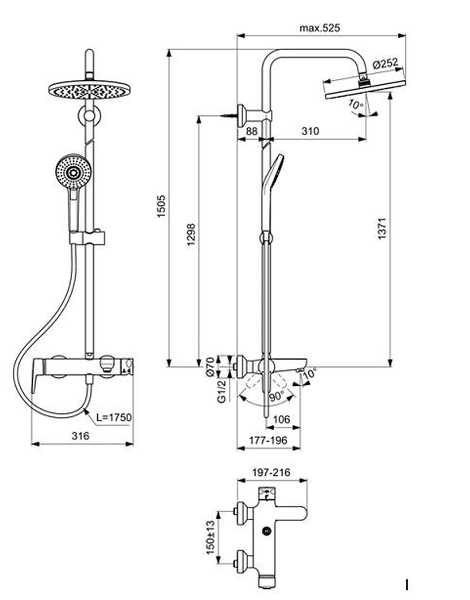 Душевая колонна Ideal Standard IdealRain Eco SL с настенным смесителем для ванны/душа Connect (B2267AA)